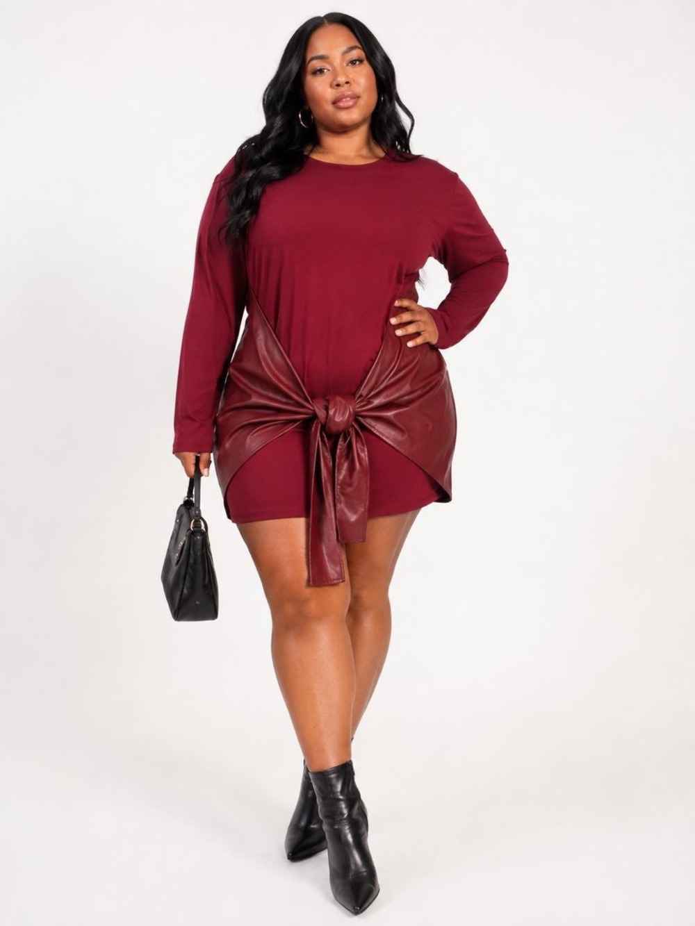 Plus Size Tie-Front Mini Dress in Burgundy